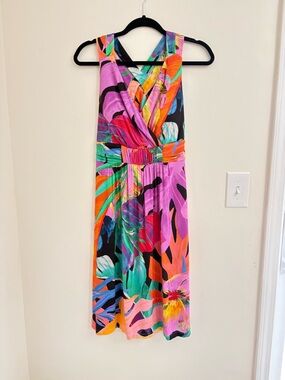 Soma WKND Twist Bodice Midi Bra Dress M Paradise Palms Black Soft Jersey Pockets